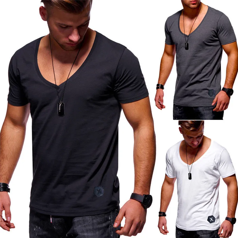 TREVOR LEIDEN Casual Men's T Shirt Solid Color V Neck Short Sleeve ...
