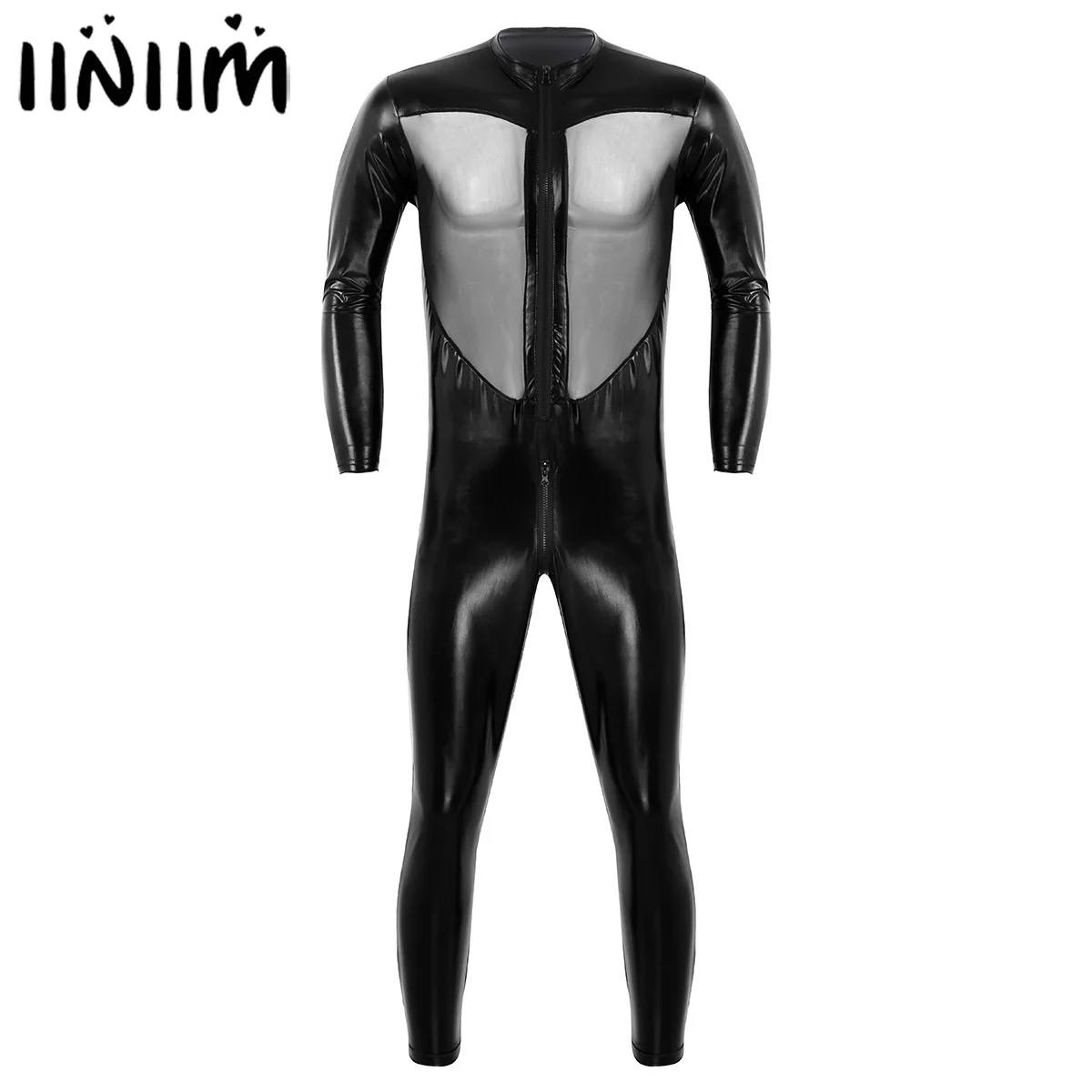 

iiniim Men Women Bodycon Adult Wetlook Clubwear Zipper Front Mesh Splice Full Body Muscle Tracksuit Bodysuit Leotard Costumes