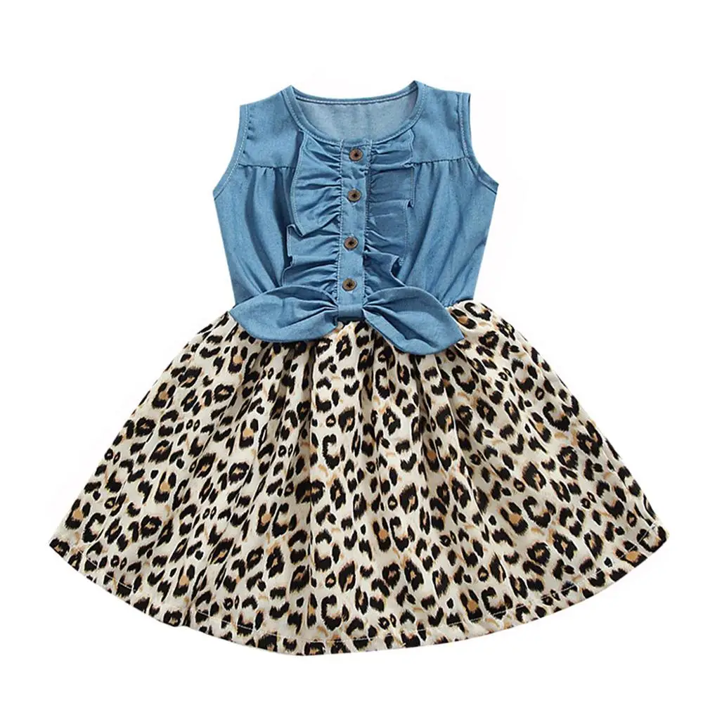 

Toddler Girl Dresses Summer Fashion New Kid Baby Girl Sleeveless Denim Leopard Printed Princess Dress Clothes Size 12M-5Y