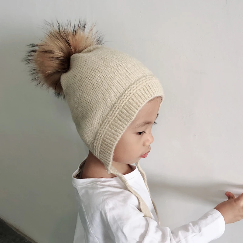 Новая детская зимняя шапка, мягкая теплая шерстяная шапочка, детская вязаная шапка, вязаная крючком шапка с большим натуральным мехом и помпоном Skullies