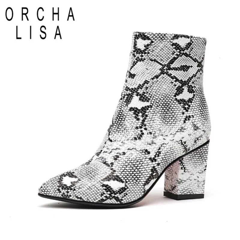

Orcha lisa Snake Print Pu thick High Heels Ankle Boots Women zipper Pointed Toe Foot wear Female short Boots Botas Mujer C869