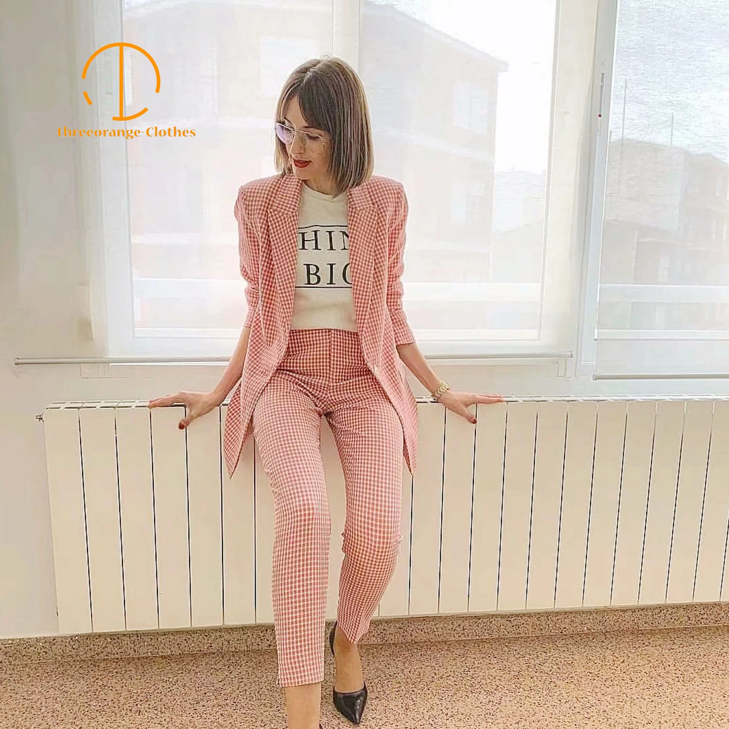 

New Za Summer pants women fashion Pink White plaid vintage scottish pocket design elegant casual straight legged ninth pants
