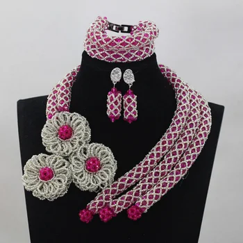 

Popular Fushia Pink Crystal Add Silver Flowers Party African Beads Jewelry Set Indian Bridemaid Jewelry Set Free Shipping ANJ047