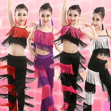 Латинские танцевальные костюмы с бахромой с кисточками для детей, латинский танцевальный зал состязание штаны и топы для девочек ча/Сальса/Самба/Румба, танцевальные штаны