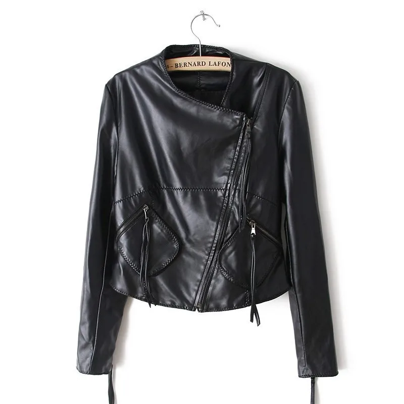

European Style O Neck PU Leather Jacket New Fashion Motorcycle Leather Short Outwear Women Slim Biker Coat Basic Streetwear 2432