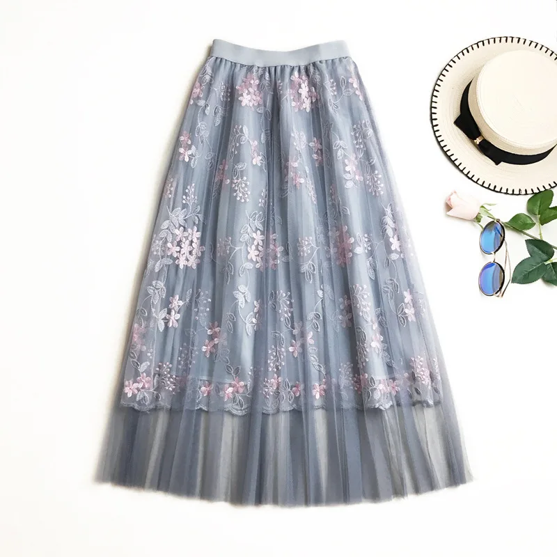 Long Mesh Skirt Pleated 2019 New Summer Sweet Fairy A-Line Skirts Floral Embroidery Tulle Midi Skirt Saias Faldas Jupe Femme Long Mesh Skirt Pleated 2019 New Summer Sweet Fairy A-Line Skirts Floral Embroidery Tulle Midi Skirt Saias Faldas Jupe Femme