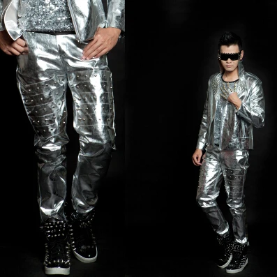 

New style Bar silver rivet long pants for male singers on stage costumes nightclub men's fashion ds bottom leader show clothing