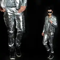 New style Bar silver rivet long pants for male singers on stage costumes nightclub men's fashion ds bottom leader show clothing