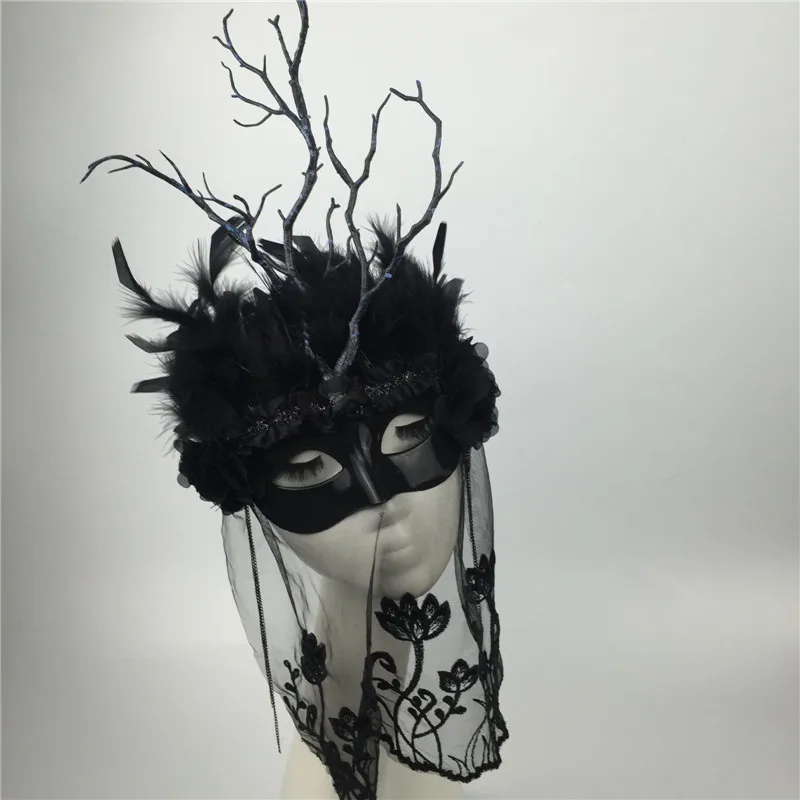 

Black White Color Feather Girl Mask Branches Feather Headwear Party Cosplay Model Catwalk Makeup Props Accessories Face Veil
