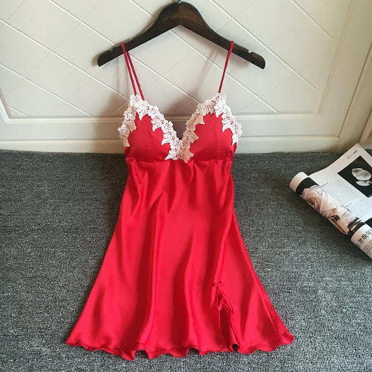 

Large size satin summer ladies and women's nightdress sexy suspender underwear with chest pad lace stitching 2019 new G462