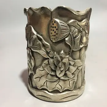 

Collection Chinese Exquisite Handwork Brass "PING AN SHI FU" Lotus Flower Lotus Leaf Brush Pot Pen Holder Exquisite Small Statue