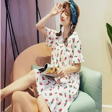 Женская ночная рубашка с коротким рукавом, летняя версия, Милая юбка, большой размер, свободная хлопковая рубашка принцессы, чистый хлопок с принтом