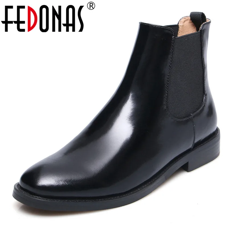 

FEDONAS New Basic Boots Women Thick Heels Genuine Leather Short Motorcycle Boots Round Toe Slip On Autumn Winter Ladies Shoes