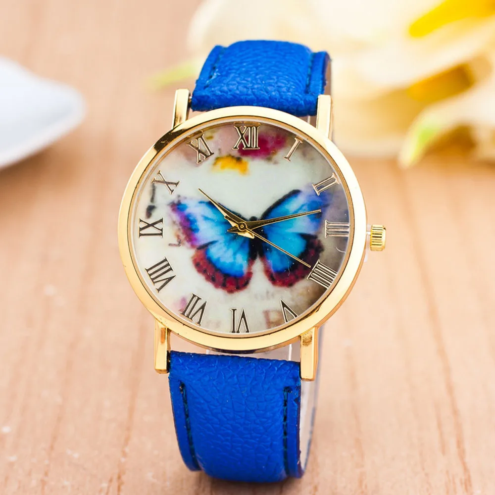 

Student Cute Clock Fashion Casual Womens Butterfly Style Leather Band Analog Quartz Gift Wrist Watch zegarek damski montre *Y