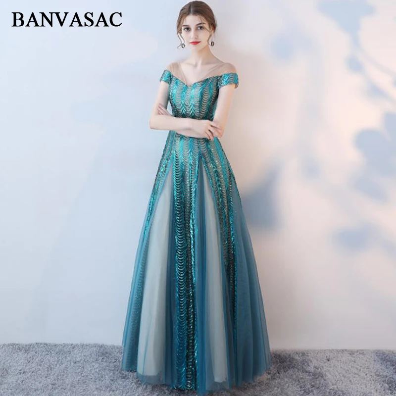 BANVASAC 2018 V шеи Иллюзия Кружева линии Длинные элегантные вечерние платья блестками