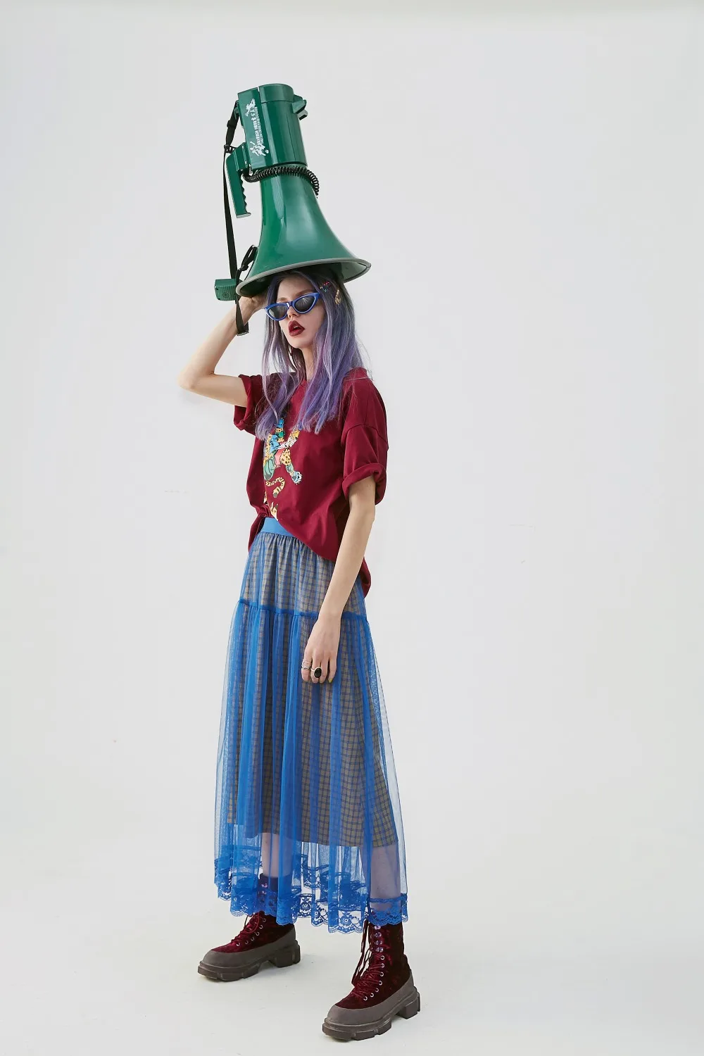 Женская винтажная клетчатая юбка ELF SACK, голубая повседневная трапециевидная юбка с шифоновым верхом в стиле пэчворк, для ношения летом
