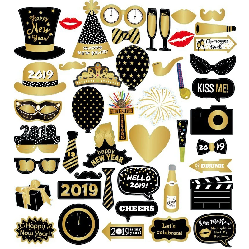 

2019 New Year Photo Booth Happy Party Photobooth Props New Year Party Decoration Photo Booth Paper Beard Funny Party Supplies