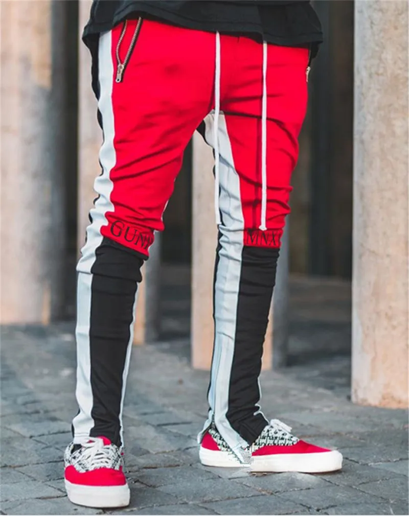 Новые осенние брендовые гимнастические спортивные брюки для мужчин, для бега, пэчворк, для фитнеса, бодибилдинга, Мужские штаны для бега, одежда для бега, спортивные штаны - Цвет: black red