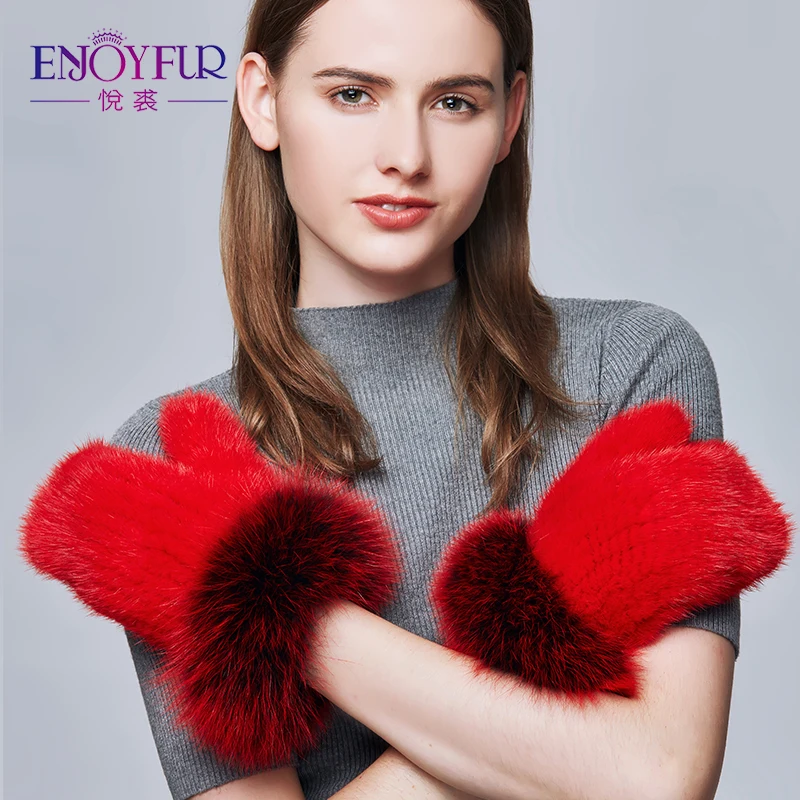 

ENJOYFUR Real Mink Fur Winter Gloves Female Fashion Silver Fox Fur Patchwork Gloves Women Colorful Warm Thick Ladies Mittens