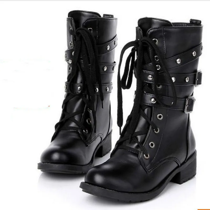 

Women Boots Shoes Winter Martin Mid-boots Round Toe Lace-Up Mid-Calf Belt Buckle Casual Female Pumps Boots Shoes Plus Size