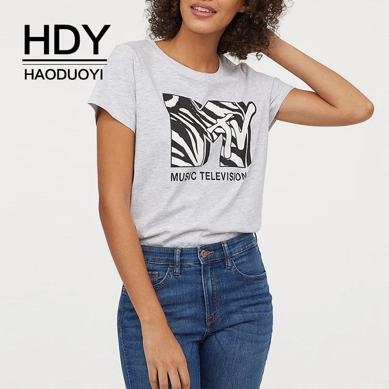 

HDY Haoduoyi Creative Letter Print Pattern Casual Tees Simple Casual Sports Letter Print Short-sleeved Round Neck T-shirt Female