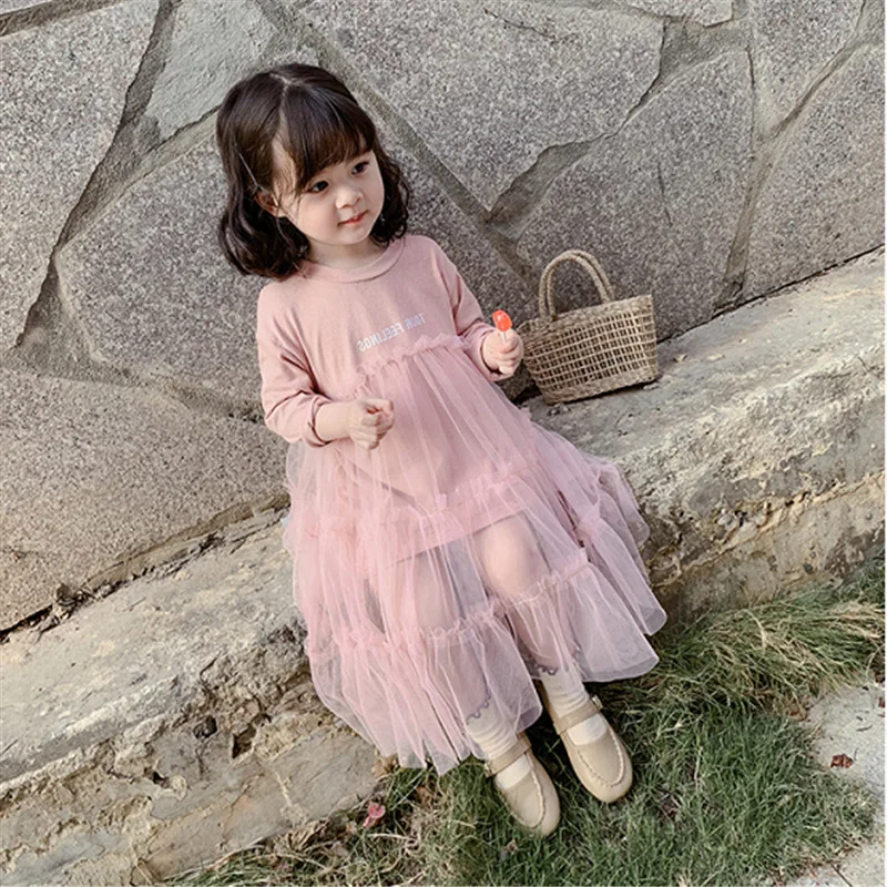 

Spring Autumn fashion mesh princess long dress for baby girls letters printing long sleeve casual dresses