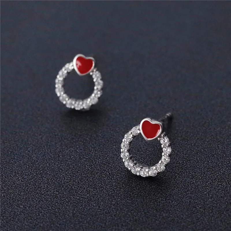 red heart circle cubic zircon earring 100% 925 Sterling silver Jewelry fashion Hypoallergenic Stud earrings for women gift
