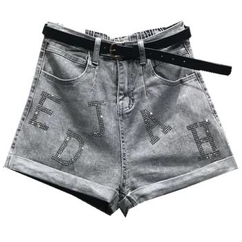 

2020summer denim shorts women loose curling high waist A -line hot diamond wide leg jeans shorts