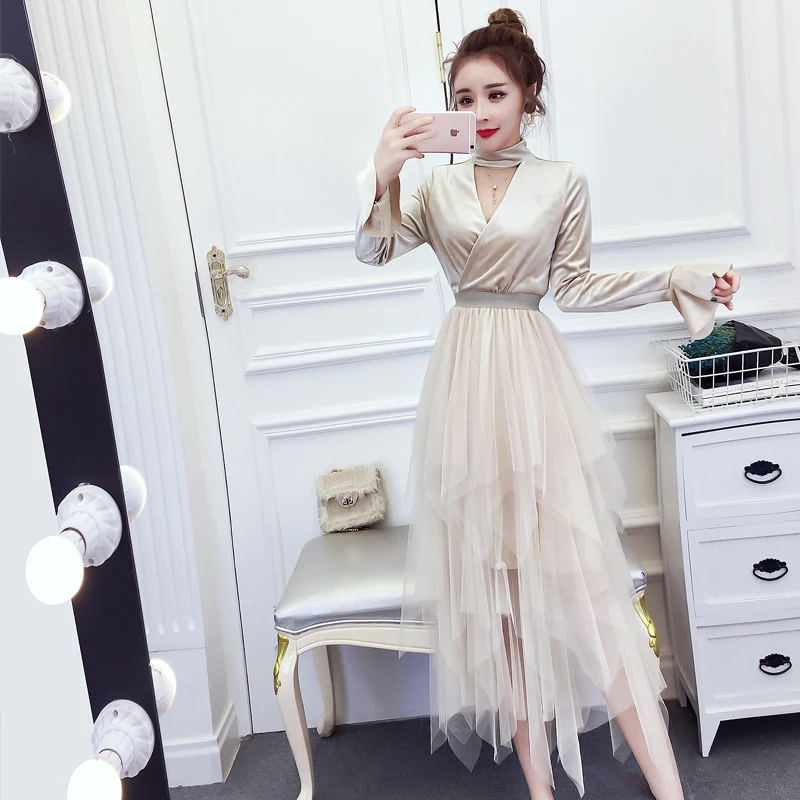

Spring New Women Tulle Stitching Fake Two Piece Dress Sexy Halter Deep V-Neck Flare Sleeve Party Dresses Black Apricot Vestidos