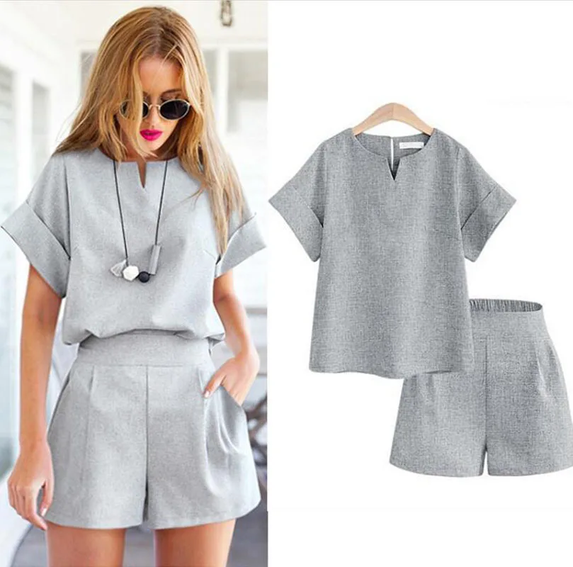 2018 Women Summer Casual Cotton Linen V Neck Short Sleeve Tops Shorts Two Piece Set Female