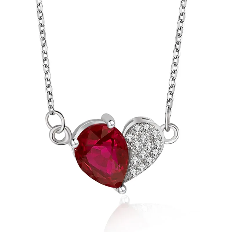 

UFOORO Sweet Love Heart Sterling Silver 925 Necklace Cute Wild Fashion heart-shaped Dark Red Zircon Chain Necklace For Woman