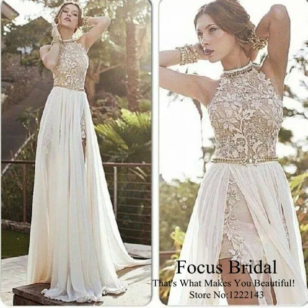 Romantic High Neck Lace Beaded Chiffon Short Front Long Back White Prom Dress 2014 party dress