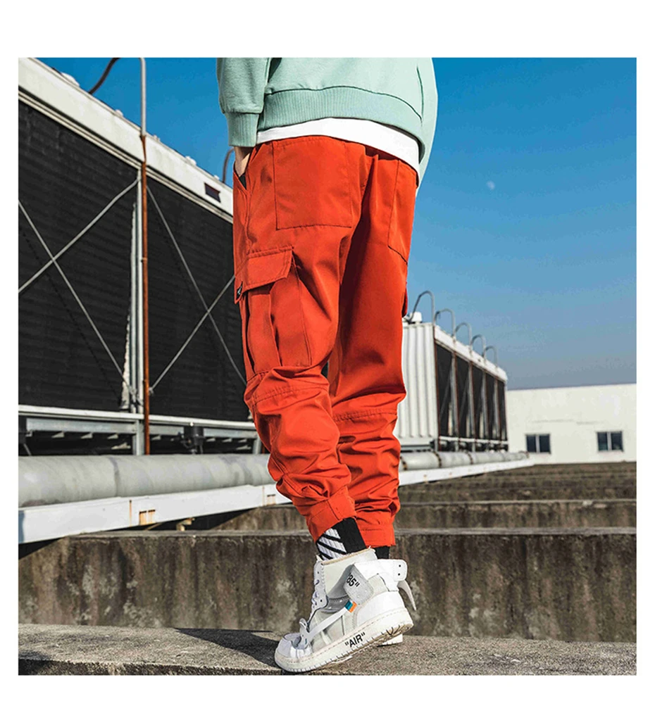 Мужские шаровары с боковыми карманами, брюки карго,, хип-хоп стиль, повседневные мужские штаны для бега, модные уличные штаны, оранжевые WA17