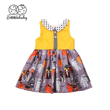 

Lovely Cute Kids Baby Girls Princess Halloween Printed Sleeveless Dot Peter pan Collar Dress Newly Fashion A Line Mini Sundress