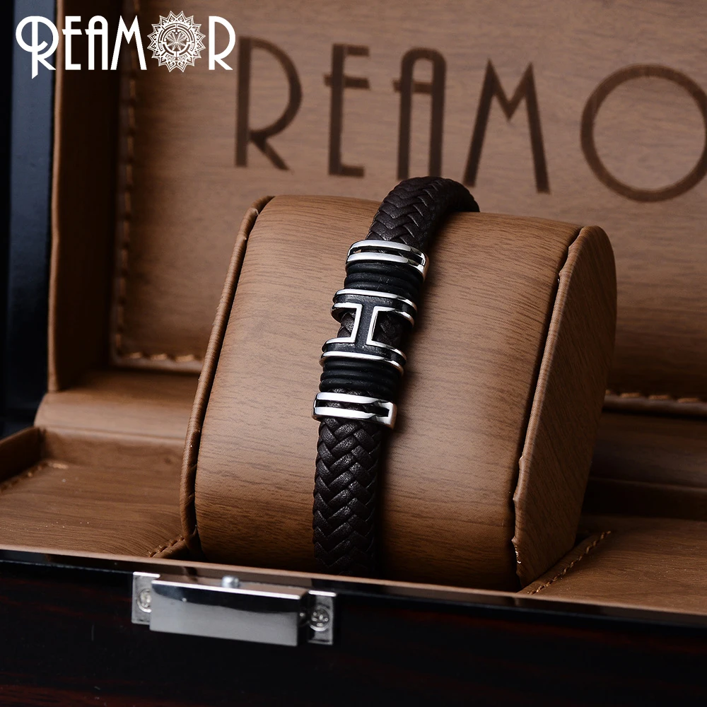 REAMOR 316L нержавеющая сталь Буква H стиль мужской браслет с подвесками широкий