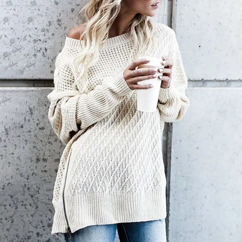 Women Off Shoulder Batwing Zipper Sweaters Oversized Pullover Loose Knit Jumper Winter Warm Swearer