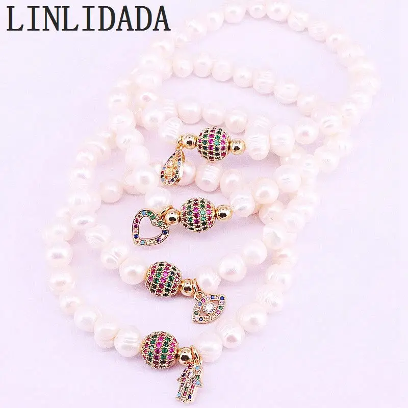

6Pcs Rainbow Zirconia Spacer Connector Beads with Natural White Pearl Beaded Bracelet For Women Fashion Jewelry