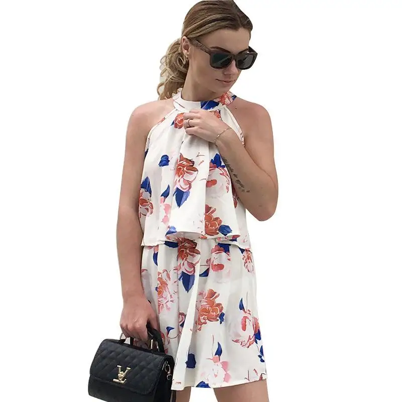 

Fashion Off Shoulder Floral Women Set Summer Ruffle O-Neck Sleeveless Crop Top High Waist Shorts Dress Set Beach Boho Suit 2019