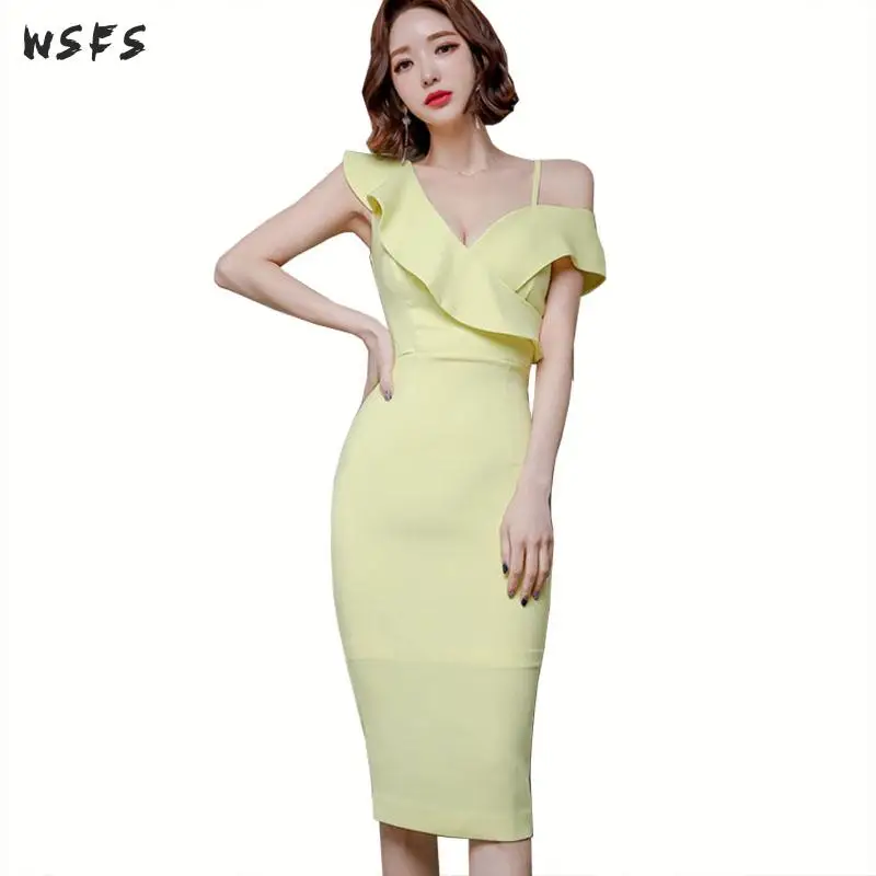 

Summer Yellow Dress Vneck One Shoulder Ruffles Dresses Womens Bandage Elegant Sexy Party Casual Ladies Midi Pencil Wrap Dress