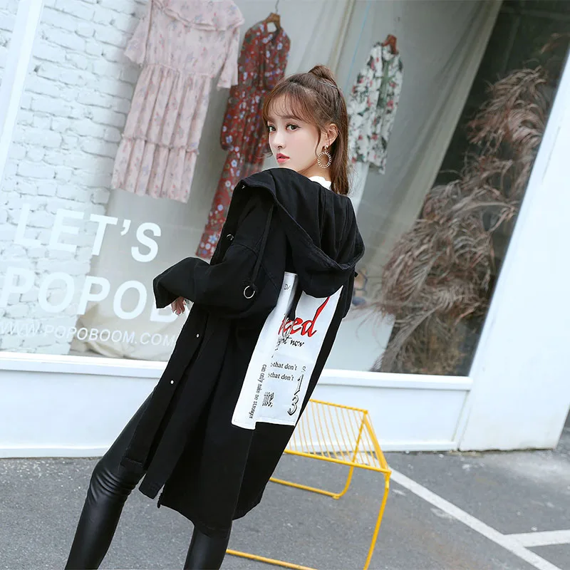 2018 New BF Printed Casual Loose Black Vintage Windbreaker Denim...