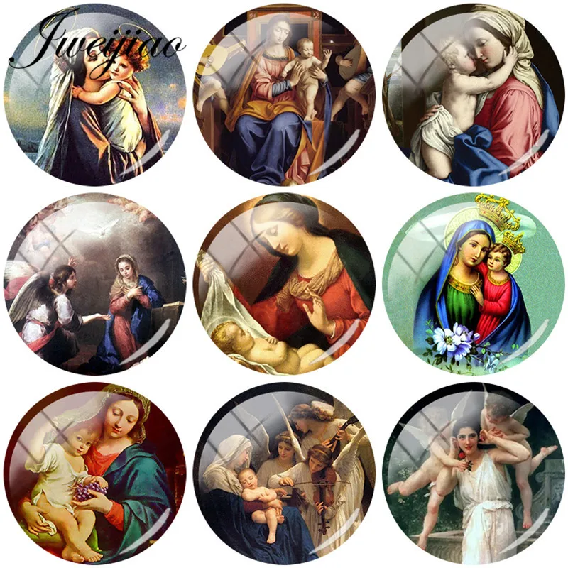 

JWEIJIAO 5pcs Glass Cabochon VintageVirgin Mary and Jesus Kids Angel Glass Dome Beads DIY Cuatom Earrings Keychain Necklace