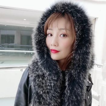 

ST.Jessi 2019 Women Fur Hat Hijab Scarf Fox Fur Hooded Long Scarf for Natural Fur with Neck Scarf Hats crinkle hijab