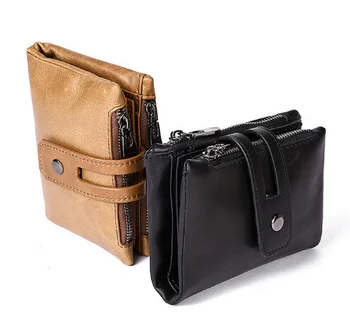 

New RFID Men's Double Zipper & Hasp Short wallet Genuine Leather Vintage Cowhide Casual Antimagnetic Money Clips