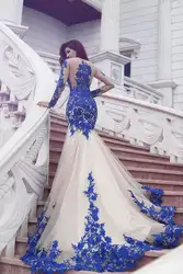 Русалка платья для выпускного вечера 2019 Королевское голубое кружево Иллюзия одежда с длинным рукавом фатиновое годе vestidos de festa элегантный