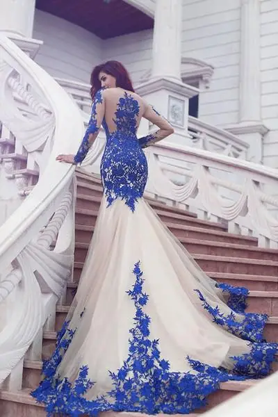 

Mermaid Prom Dresses 2019 Royal Blue Lace Illusion Long Sleeves Tulle Trumpet vestidos de festa elegant gala jurken Custom Make