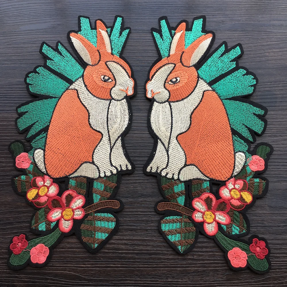 

1Pair Fashion Cool Rabbits with Flowers Patch Applique Badge Clothes Patch, Iron on Patches for Clothes LSHB618