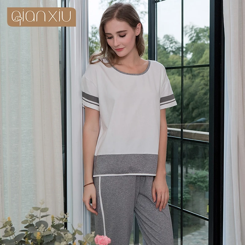 

2019 Summer Plus size Female Casual pajama sets Women O-neck collar short sleeve t shirt & Pants Ladies Cotton Sleepwear suit