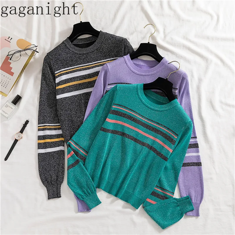 

Gaganight Shiny Lurex Autumn Knitted Striped Pullover Women Slim O-Neck Sweater Shirt Female Basic Short Sleeve Tops Clothing