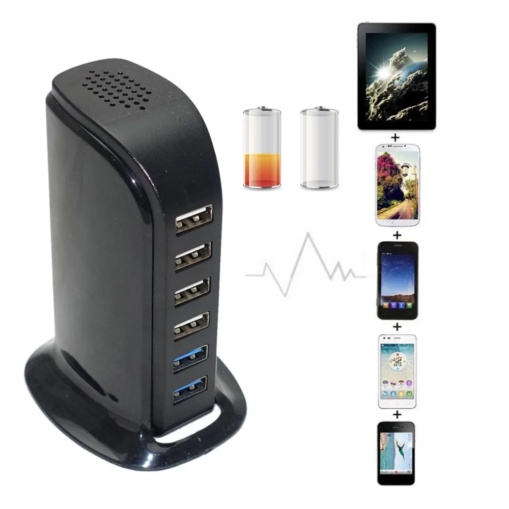 6 USB Port Charger Rapid Charging Station Desktop Portable For Travel