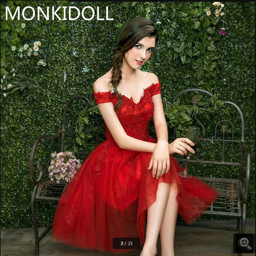 

Red lace appliques off the shoulder v neck wedding dress short beading pearls petite girls bride dresses cheap wedding dresses